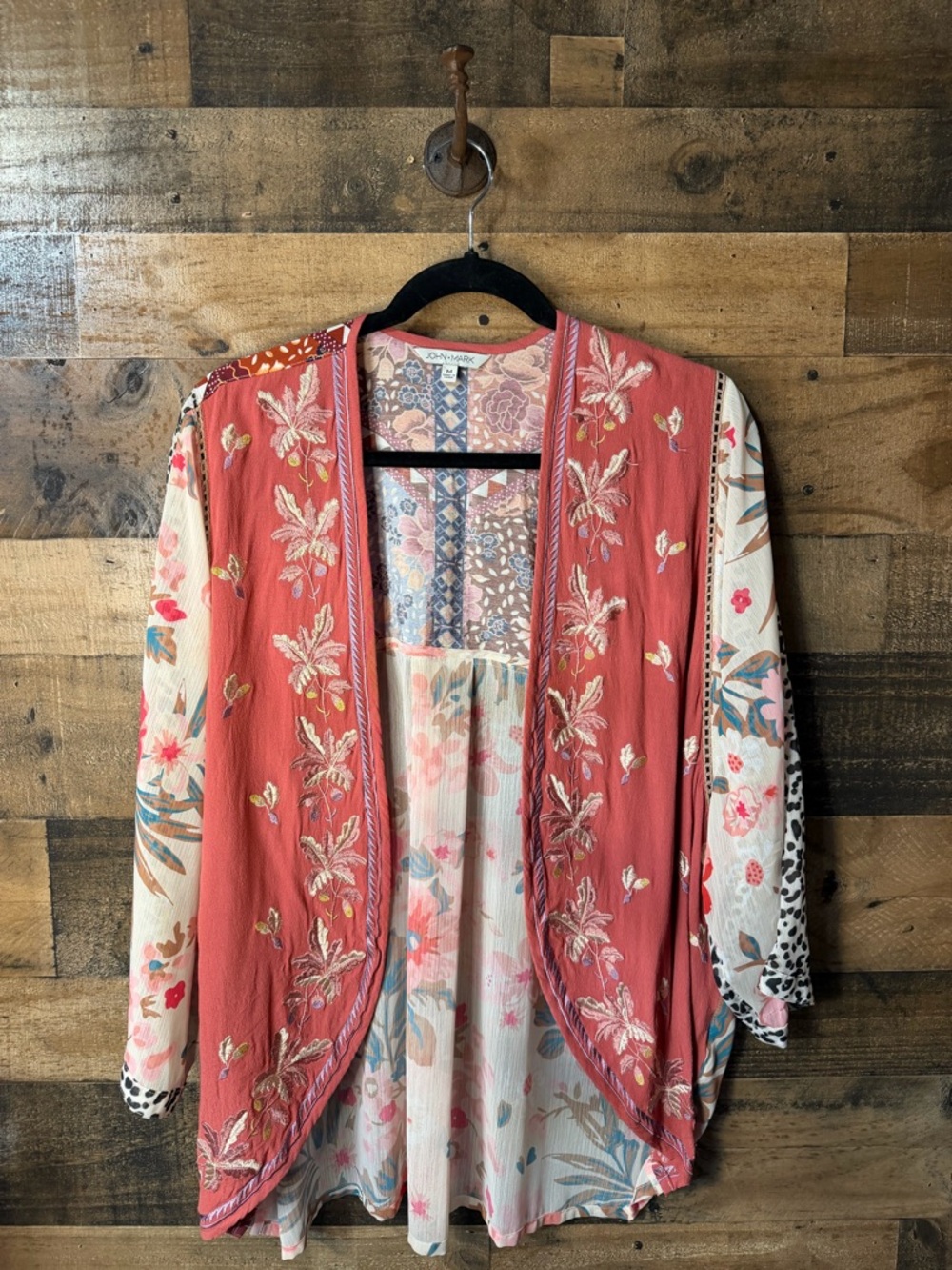 John + Mark Mixed Media Embroidered Kimono Cardigan - Boho Floral Leopard M